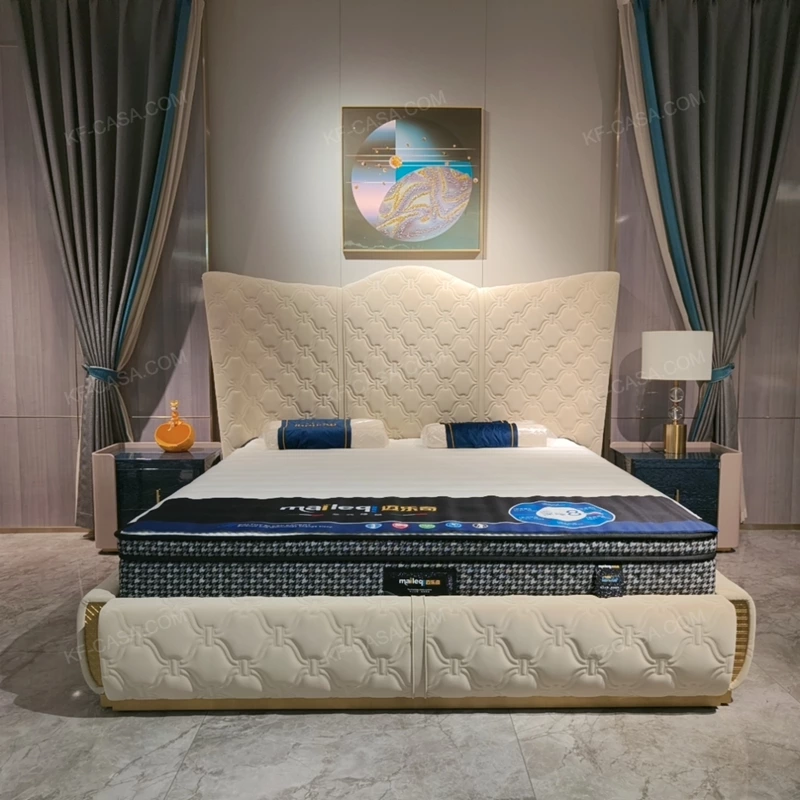 Cream Quilted Upholstered Bed with Patterned Stitching & Gold Stainless Steel Accents